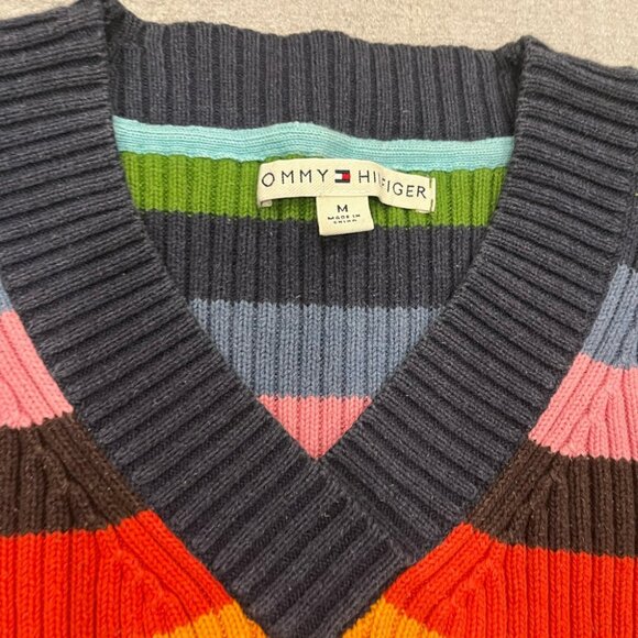 [M]Tommy Hilfigure Rainbow Ribbed V Neck Cotton Sweater Striped Y2K - Picture 2 of 5
